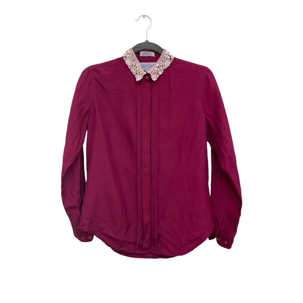 Vintage Nordstrom Plum Eggplant Purple Silk Blouse with Lace Collar